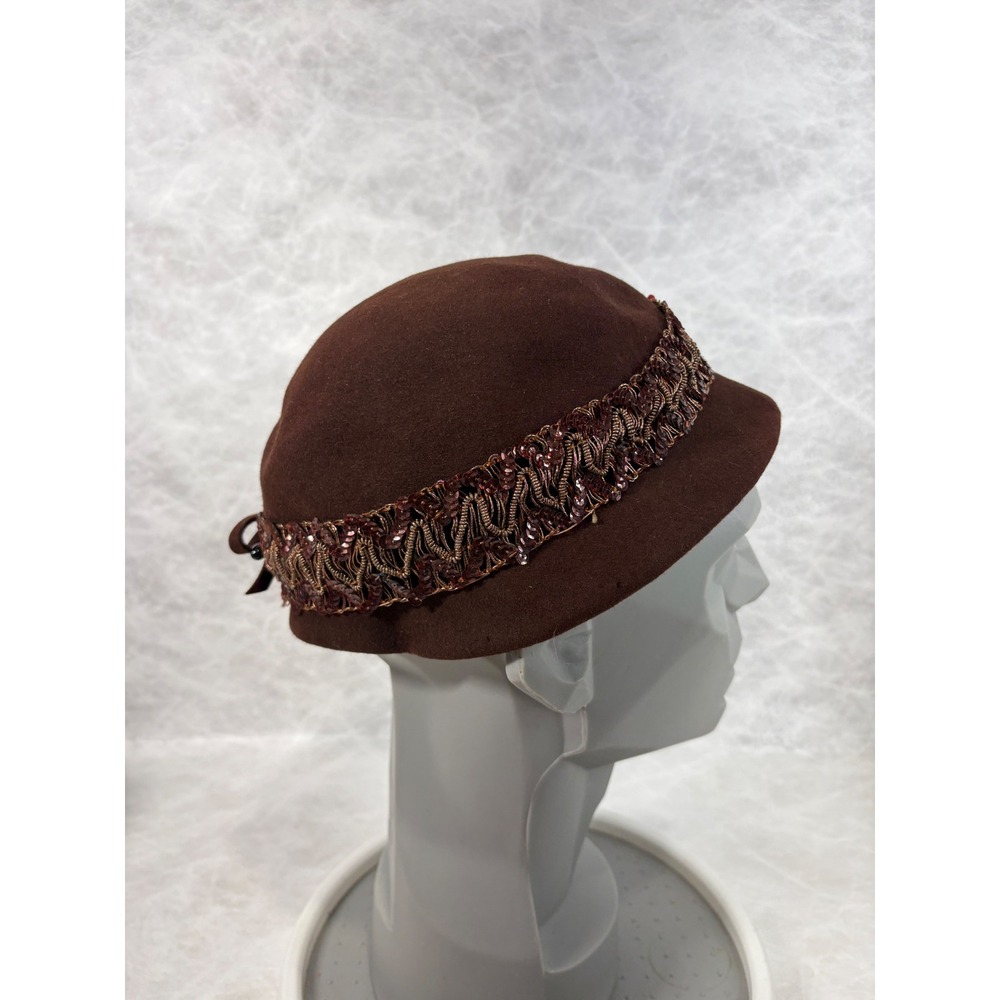 Vintage Brown Wool Felt Cloche Hat Sequin Metallic Trim Bow Accent Chocolate - Picture 3 of 9